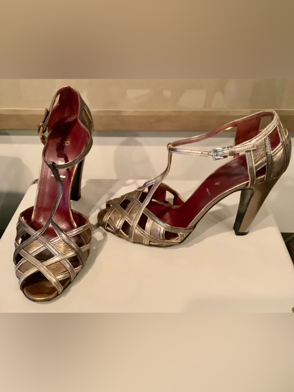 Prada Shoes Metallic Leather T-Strap Heels    Size 8/38 - Picture 2 of 10
